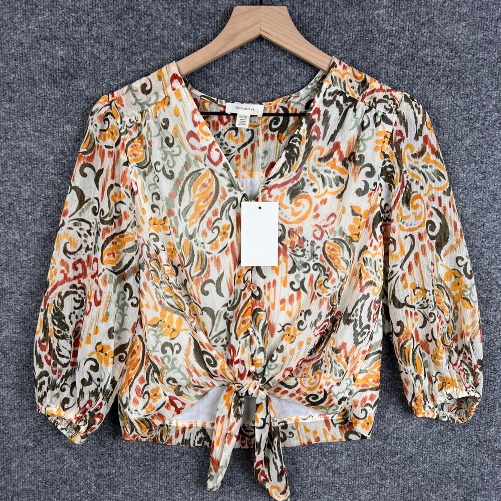 NEW Tamara H. Women XS/TP White Orange Green‎ Red Paisley Tie Front Blouse Top